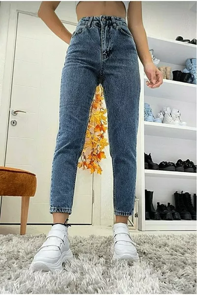 Mona Kar Mavi Mom Jeans Damen High Waist Stretch-Jeans