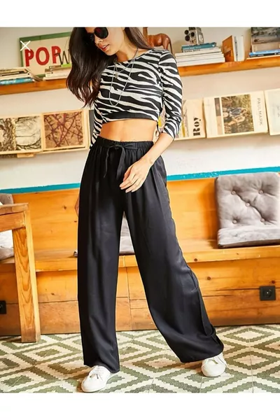 Women's Black Belted Woven Viscose Palazzo Pants 