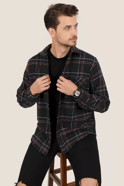 Siyah Kiremit Çizgili Oversize Oduncu Erkek Gömlek