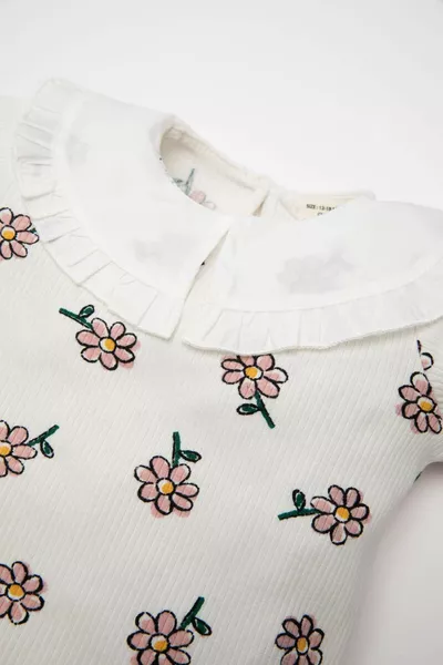 Mädchenbaby Langarm-T-Shirt mit großer Kragenblume aus Rippstrick NS