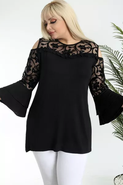 Black Ruffle Sleeve Off-Shoulder Flok Print Tulle Detail Plus Size Designer Blouse