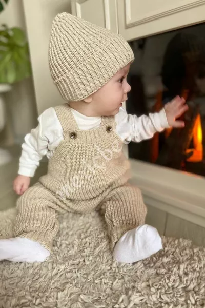 Unisex Baby Knitted Overall with Adjustable Straps and Pocket Detail, French Terry Hat