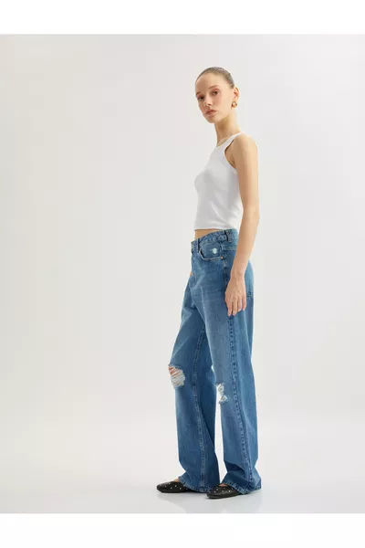 Jean en denim en coton à taille haute avec détails usés - Jean droit