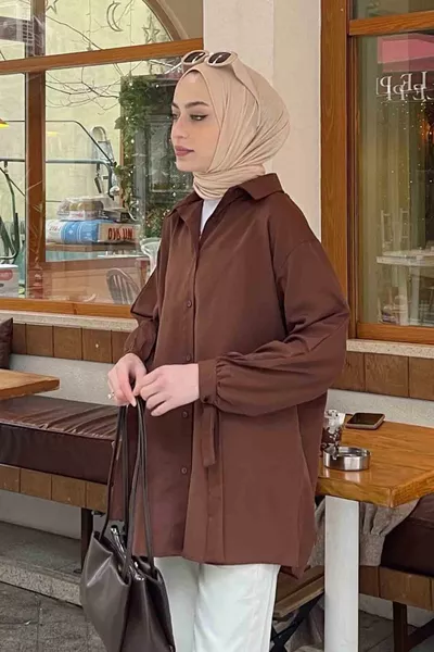 Shirt with Sleeve Details Oversized Shirt Dark Brown