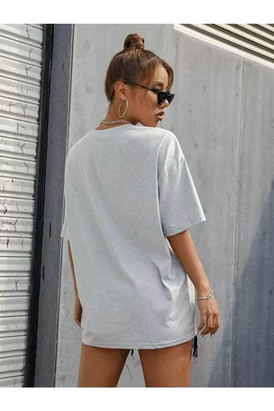 تيشيرت فضفاض للجنسين بأكمام قصيرة برقبة دائرية من القطن باللون الرمادي، بطباعة OCEAN