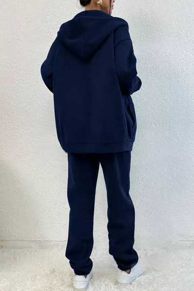 Women's 3-Thread Navy Sierra Printed Cardigan Jogger Oversize Tracksuit Set