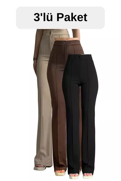 بنطلون بالازو نسائي من قماش كريب مع ليكرا، طقم من 3 قطع