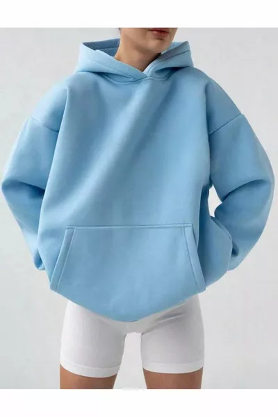 Felpa con Cappuccio e Tasca a Marsupio Azzurro Chiaro