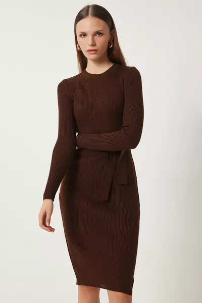نسائي بني غامق رقبة مستديرة ليكرا متماسكة فستان 