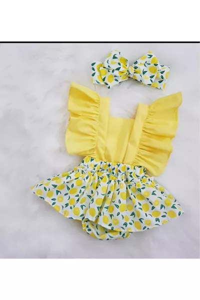 Ensemble salopette à volants citron pour bébé fille & bandana