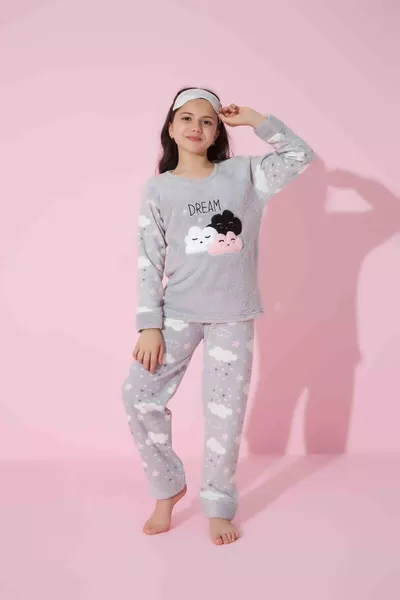 Girl Teen and Child Cloud Pattern Long Sleeve Fleece Plush Winter Warm Pajama Set