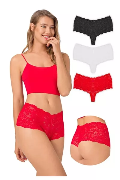 Damesstring met hoge taille en kant, 3 stuks