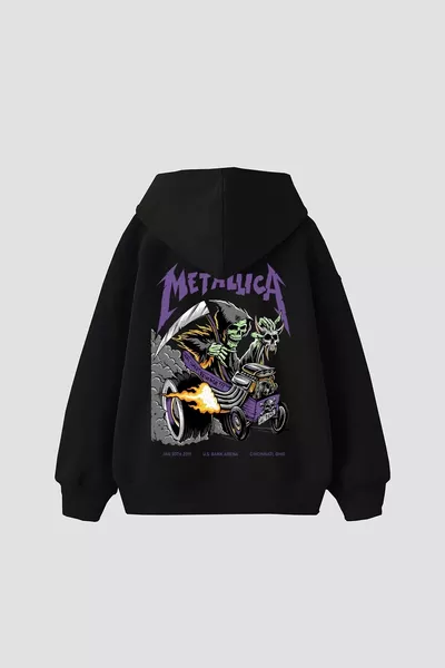 Metallica Mor Sırt Baskılı Siyah Oversize Kapüşonlu Hoodie