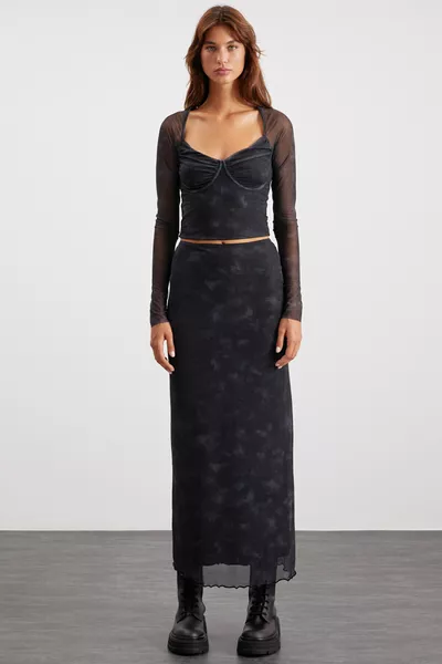 Lıly Damen Slim Fit Herz-Ausschnitt Gemustertes Tüll Langarm Dunkelgraues Bluse