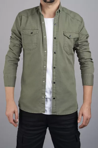 Slim Fit Men's Cotton Denim Shirt Green