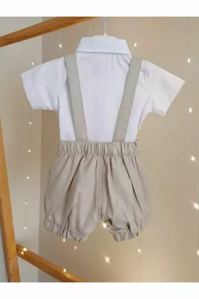 Ensemble bébé garçon classique beige avec salopette à short et nœud papillon, tenue pour occasions spéciales, cadeau de naissance pour mariage