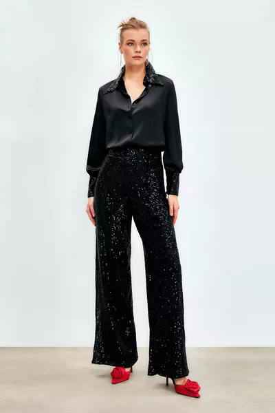 Sequined Pleated Pants - Black