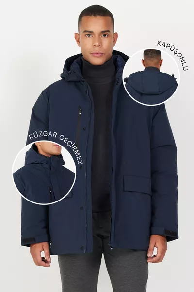 معطف رجالي كحلي بغطاء رأس وياقة مرتفعة، قياس قياسي، دافئ ومقاوم للرياح