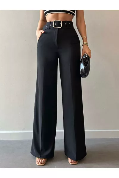 Pantaloni Palazzo Neri Eleganti a Gamba Larga con Cintura - Design Raffinato e Moderno