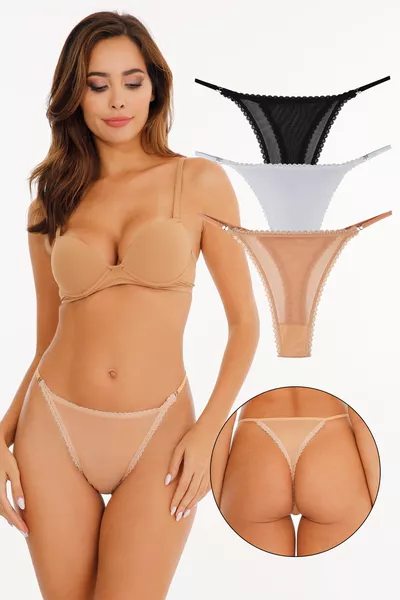 Set di 3 perizomi da donna con lati in spugna e davanti in tulle 