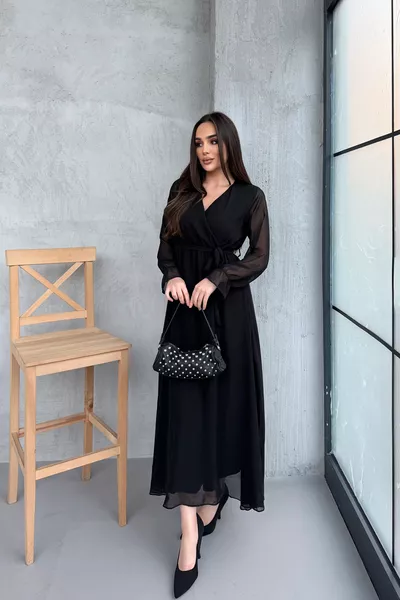 فستان شيفون طويل لموسم جديد بتفاصيل مربوط وياقة متقاطعة للنساء 