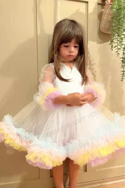 Beyaz Karnaval Renkli Uzun Kol Kız Bebek & Kız Çocuk Elbise - Alice