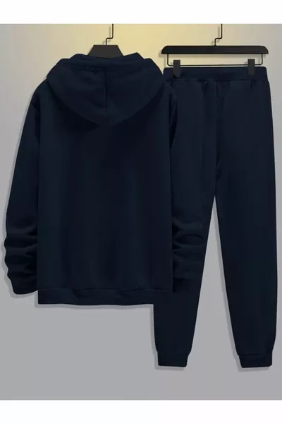 Парижский спортивный костюм с брюками-джоггерами: свитшот и джоггеры - темно-синий с принтом, оверсайз, с начесом и капюшоном