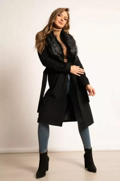 Manteau en laine pour femme grande taille Ksd noir avec col en fourrure