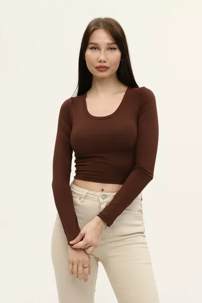 Женская коричневая укороченная блузка с длинными рукавами и круглыми вырезами