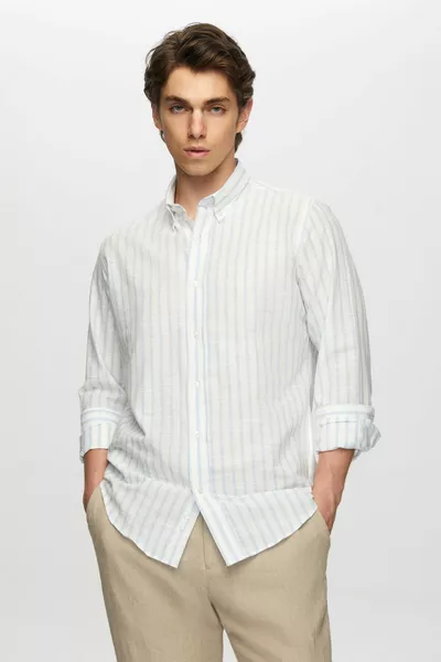 Ds Damat Slim Fit Açık Mavi Çizgili Düğmeli Yaka % Pamuk Flamlı Yazlık Keten Görünümlü Gömlek