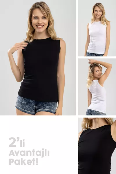 Body T-shirt senza maniche in cotone da donna, girocollo, confezione da 2 pezzi (nero e bianco) colorato