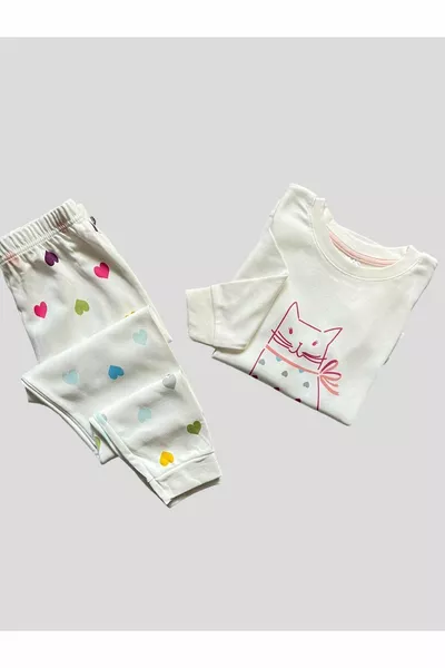 Girls' Long Sleeve % Cotton Cat Print Heart White Pajama Set