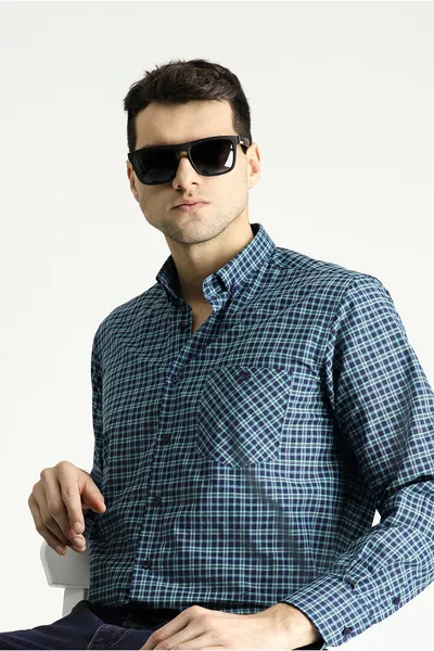 قميص قطني بأكمام طويلة، قصّة عادية، مربّع، سهل الكي، بياقة أزرار