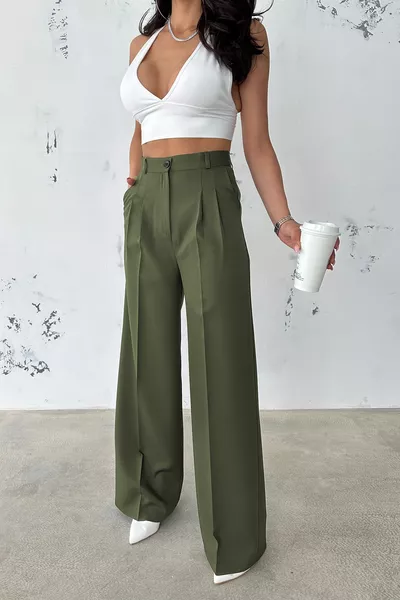 Pantalon Palazzo en tissu kaki plissé