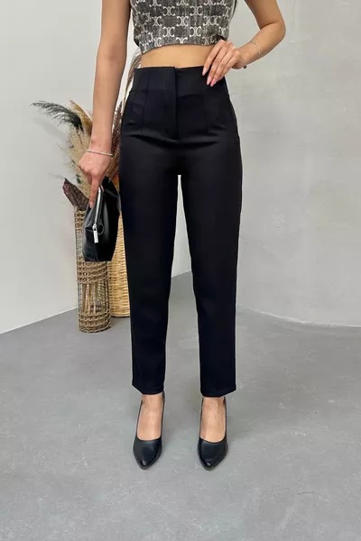 Pantaloni da donna a vita alta con pince e gamba stretta