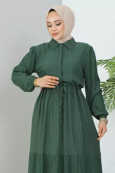 Lara Yarım Düğmeli Gömlek Yaka Elbise