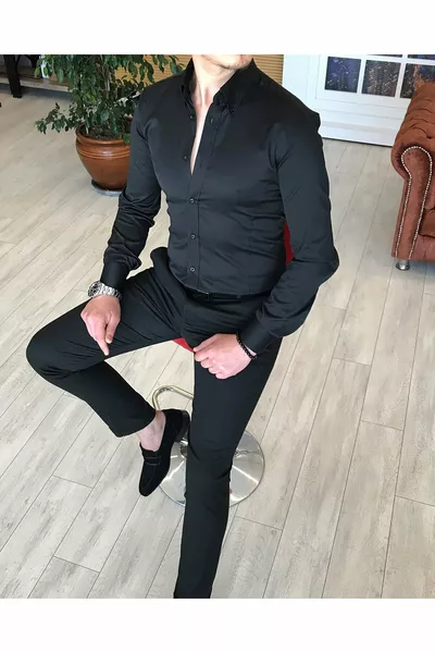 قميص رجالي أسود ساتان بياقة عالية بقصة ضيقة على الطراز الإيطالي 