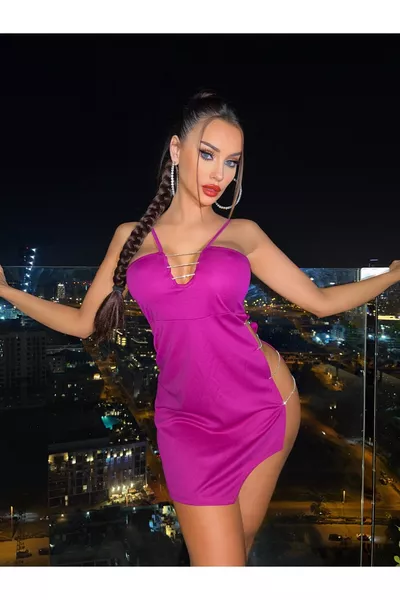 Robe mini fuchsia fantaisie avec décolleté en pierres pour femmes, poitrine et côtés