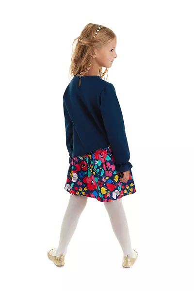 Çiçekli Leoparlı Fırfırlı Lacivert Kız Çocuk Elbise