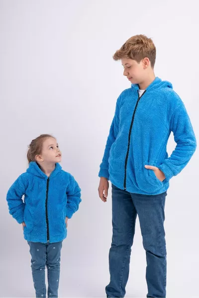 Unisex Kids Boys Girls Youth Hooded Pocketed Fleece Soft Plush Jacket Cardigan