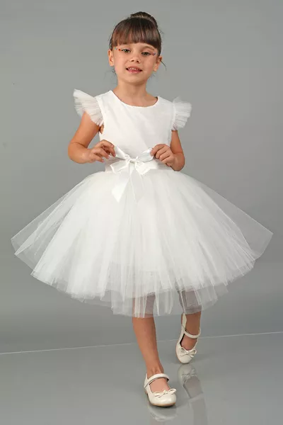 Beyaz Ponpon Kollu Tüllü Kız Çocuk Abiye Parti Elbise