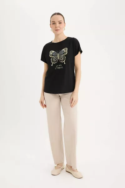 Crew Neck Butterfly Print Short Sleeve T-Shirt SP