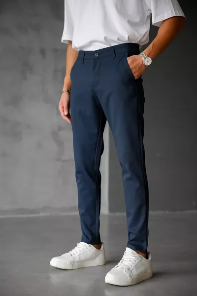 Erkek Slim Fit Lacivert Keten Pantolon