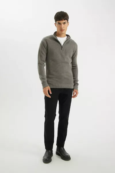 Стандартная посадка, обычный крой, воротник-стойка, свитер на молнии, базовый однотонный трикотаж, au