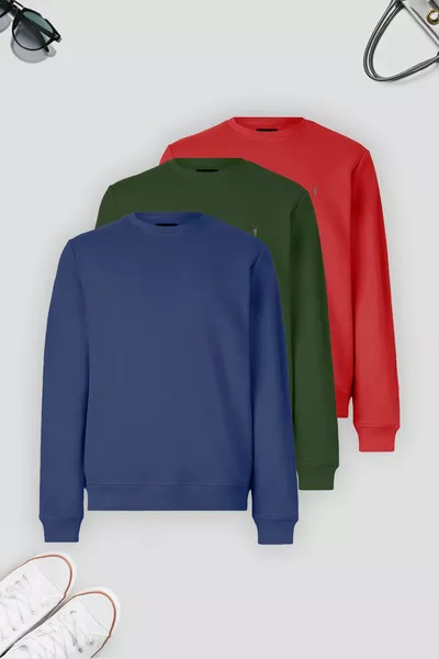 Мужская тройка свитшотов Индиго-красный-хаки, базовая модель, круглый вырез