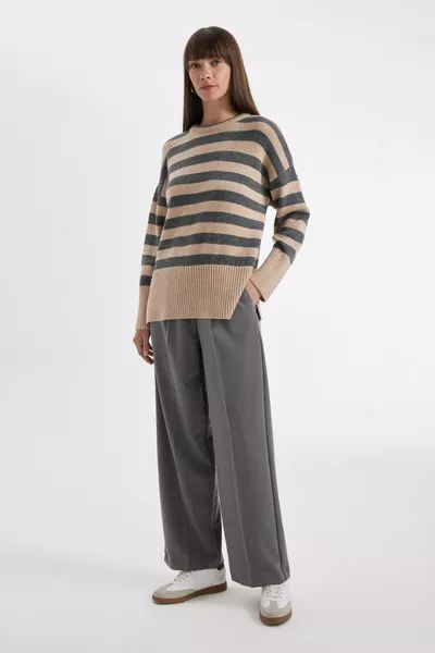 Oversized Loose-Fit Crew Neck Striped Knit Sweater with Side Slits WN