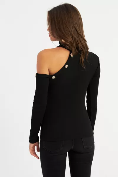 Дамски черен еднораменен отворен плетен пуловер с поло 