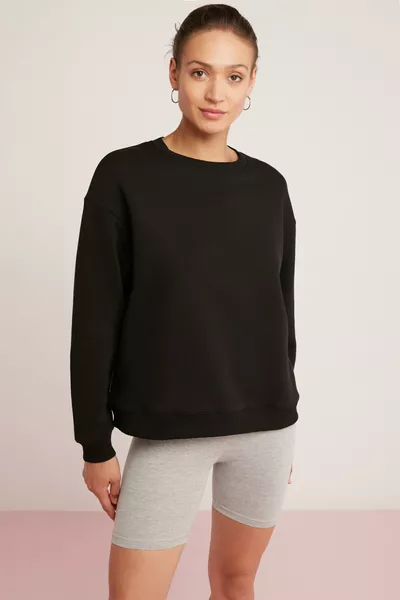 Sweatshirt femme Sahara en coton, intérieur polaire, ultra doux, oversize, col rond, noir basique