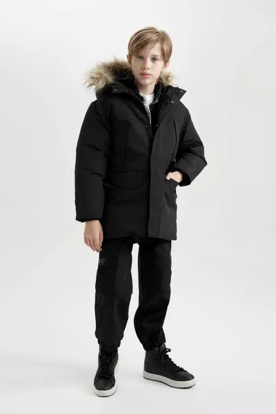 Boys' Parka Jacket with Removable Faux Fur Collar, Hooded, Plush Lining WN