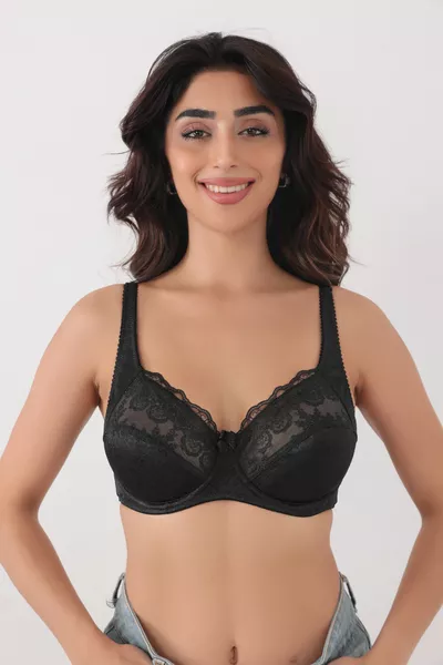 Дамски черен бюстие сутиен от несамонабразяваща се бродирана тъкан с дантела, с банели, минимизиращ и оформящ деколтето -хюррем